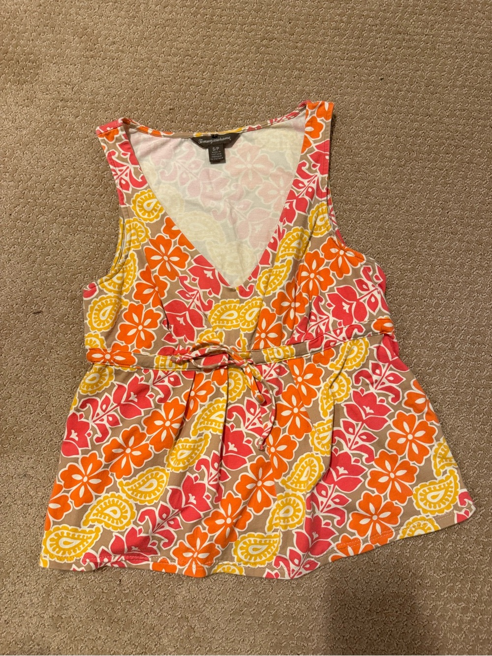 Tommy Bahama Floral V-Neck Tie-Waist Tank Top in Orange, Pink & Yellow